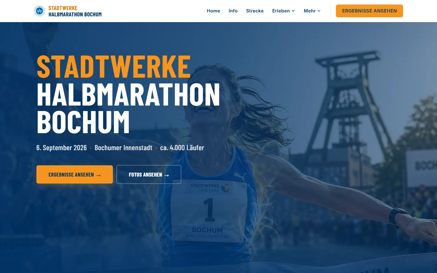 Startseite von Stadtwerke Halbmarathon Bochum auf dem Desktop