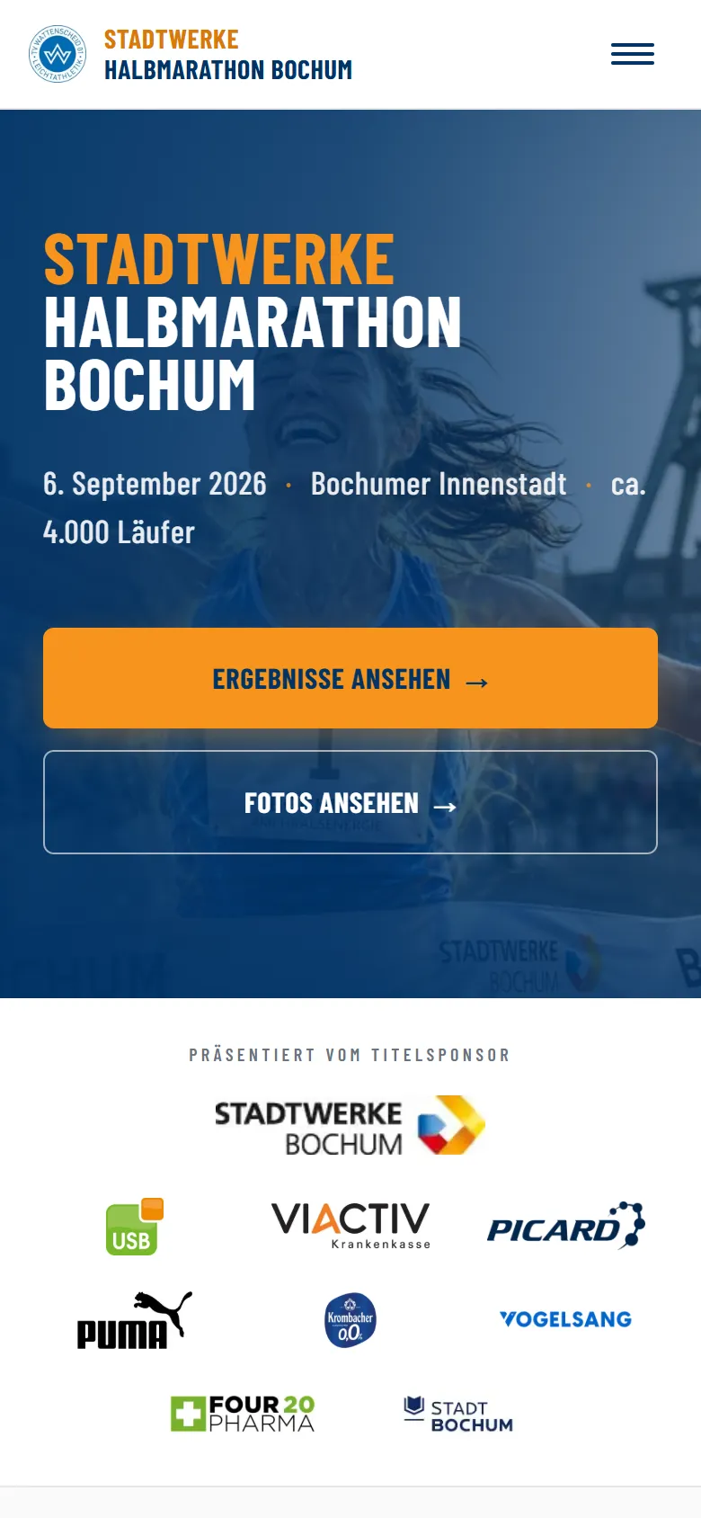Startseite von Stadtwerke Halbmarathon Bochum auf dem Smartphone